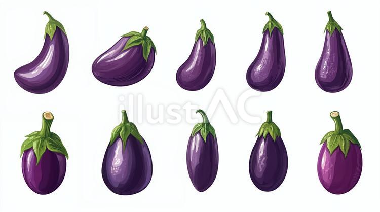 いろんな形の茄子のイラストセット 茄子,野菜,食材のイラスト素材