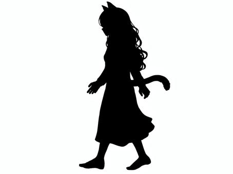 歩く巻き毛ロングの猫耳女の子シルエット 猫耳,女の子,シルエット,少女,女性,立ち絵,trpg,全身,横顔,人物のイラスト素材