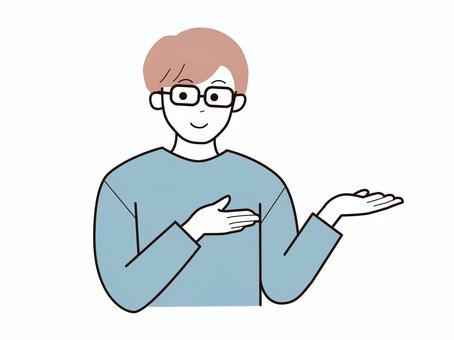 両手でどうぞとする眼鏡男性2／カラー 上半身,長袖,両手,どうぞ,お勧め,男性,社会人,パパ,お父さん,学生のイラスト素材