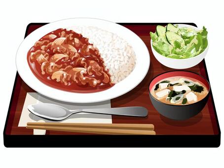 ハヤシライス定食 ハヤシライス,定食,洋食,料理,食べ物,ご飯,米,サラダ,レタス,きゅうりのイラスト素材