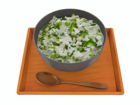 正月の松の内の明けに食べる新春での七草粥 七草粥,正月,料理,スプーン,器,縁起物,お盆のイラスト素材