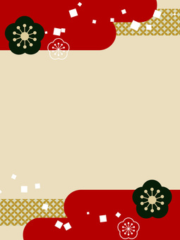 年賀・縦・赤とゴールドの和風波模様背景 背景,年賀状,和風,フレーム,正月,新春,新年,縦,枠,梅のイラスト素材