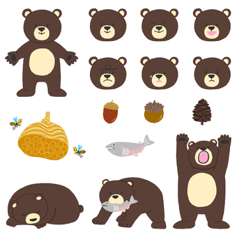 かわいい熊のイラストセット 熊,くま,クマ,ベアー,全身,立ち姿,顔,表情,笑顔,笑うのイラスト素材