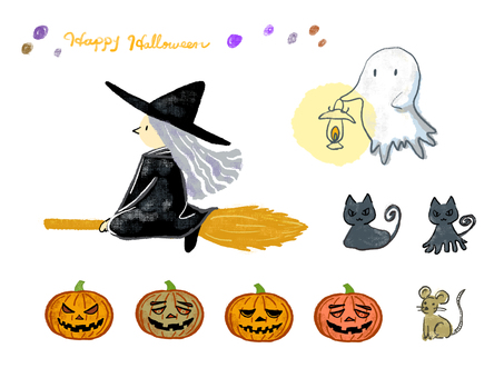 かわいいハロウィーンの詰め合わせ ハロウィーン,おばけ,こわい,魔女,かぼちゃ,ジャックオーランタン,ねずみ,猫,かわいい,お祭りのイラスト素材