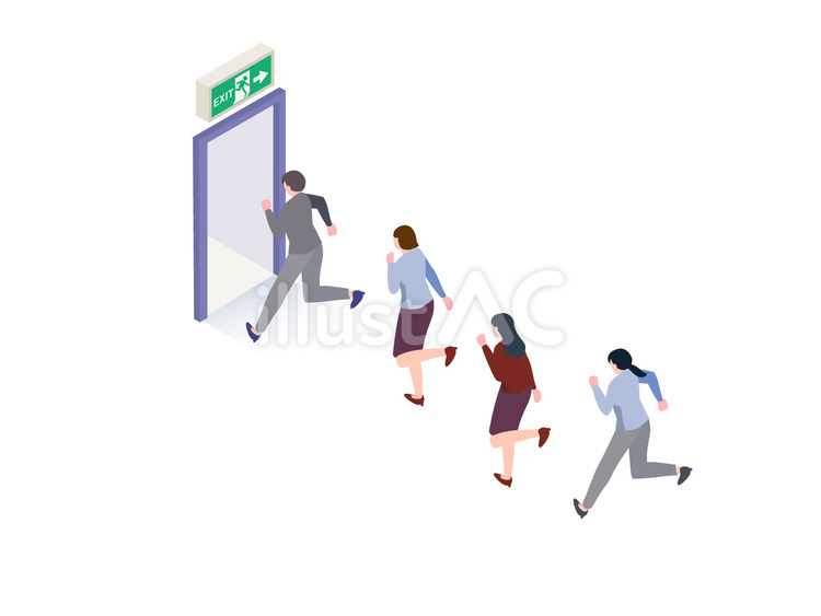 非常口に逃げる女性会社員のアイソメ 非常口,逃げる,避難のイラスト素材