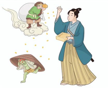 江戸時代　節分豆まき　鬼と福の神 江戸時代,節分,少年,鬼,逃げる,福,来る,雲,羽織,袴のイラスト素材