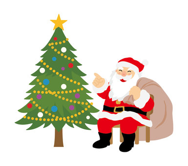 クリスマスツリーとサンタクロース2 サンタクロース,クリスマス,12月,おじいさん,ひげ,聖夜,かわいい,シンプル,冬,袋のイラスト素材