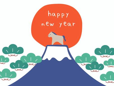 午年年賀状 富士,山,日の出,うま,午年,年賀,松,イラスト,イラレ,ベクターのイラスト素材