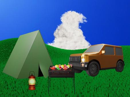 山キャンプのテントと車とランタンとBBQ キャンプ,夏,テント,キャンプ場,背景,夏空,雲,入道雲,積乱雲,バーベキューのイラスト素材