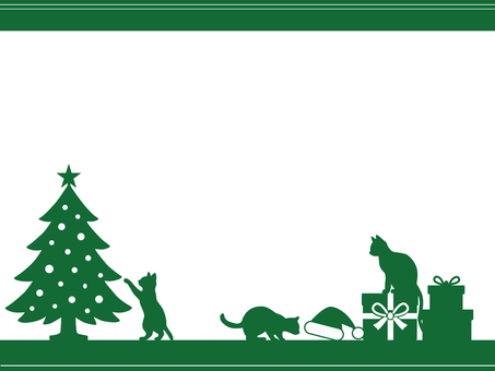 猫とクリスマスのシルエット背景・グリーン 猫,シルエット,クリスマス,ツリー,プレゼント,サンタ帽,冬,メッセージカード,グリーンのイラスト素材