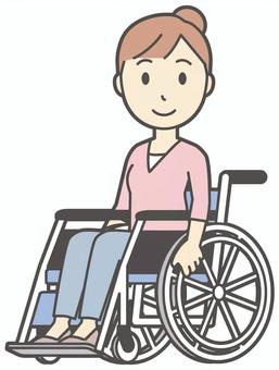  お団子主婦-517-全身 車いす,主婦,ママ,長袖,シャツ,半端袖,お団子,アップヘア,女性,母のイラスト素材