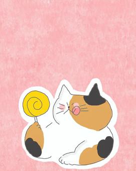 アメと三毛猫ちゃん♪ かわいい,アメ,甘い,デザート,スイーツ,おやつ,いただきます,ねこ,三毛猫,動物のイラスト素材