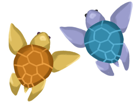 カラフルうみがめ1 ウミガメ,アカウミガメ,アオウミガメ,タイマイ,海洋生物,海,夏,手描き,挿絵,ワンポイントのイラスト素材