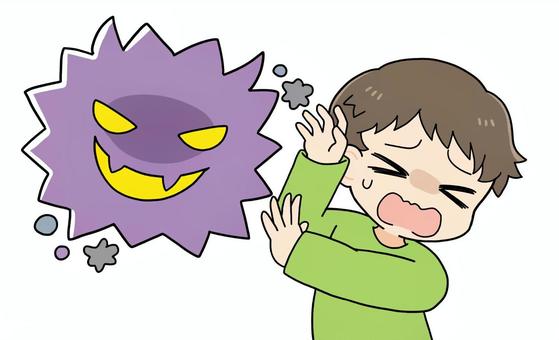風邪のウイルスと嫌がる男の子 風邪,ウイルス,菌,ばい菌,風邪菌,インフルエンザ,感染,嫌がる,子ども,男の子のイラスト素材