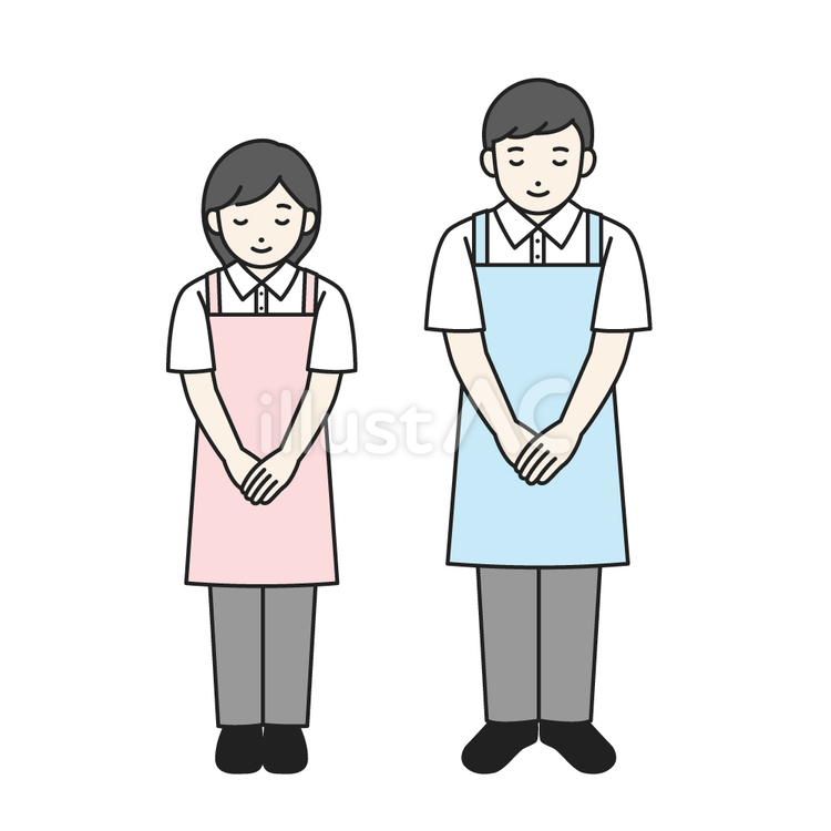 おじぎをするエプロンのスタッフ全身 スタッフ,おじぎ,あいさつのイラスト素材