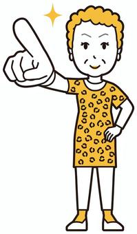  大阪のおばちゃん(黄)-088-全身 指差す,おばちゃん,大阪,ヒョウ柄,おばはん,中年,女性,関西,派手,おばさんのイラスト素材