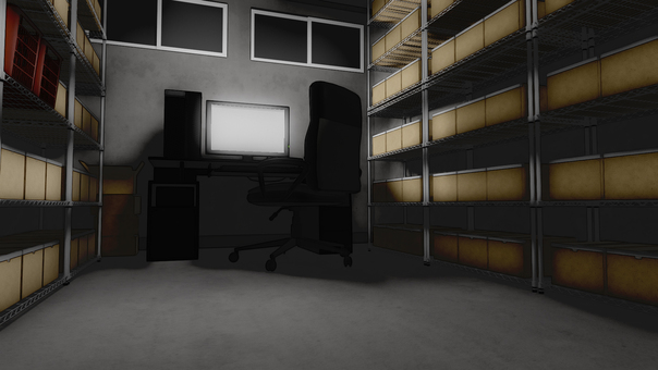 パソコンがある夜の倉庫 倉庫,荷物,倉庫作業,段ボール,仕事,在庫,山積み,室内,物置,保管庫のイラスト素材