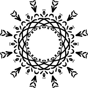 モノクロの円形フローラル 円形,花,フローラル,チューリップ,ユリ,モチーフ,パターン,線画,黒,抽象的のイラスト素材