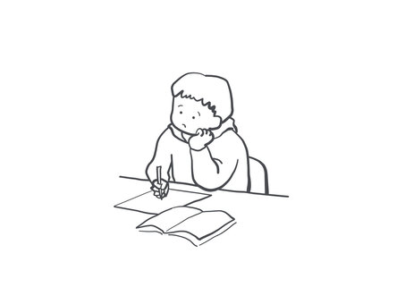 悩みながら勉強をする男の子のイラスト素材 小学生,男の子,勉強,ベクター,悩む,子供,中学生,男子,生徒,学生のイラスト素材