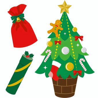 クリスマスツリーとプレゼントのセット クリスマス,クリスマスツリー,プレゼント,ギフト,イベント,冬,12月,可愛い,オーナメント,星のイラスト素材