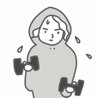 筋トレイラスト　ダイエット　ダンベル 筋トレ,ダイエット,運動,マッチョ,ストイック,汗,パーカー,トレーニング,ダンベル,必死のイラスト素材