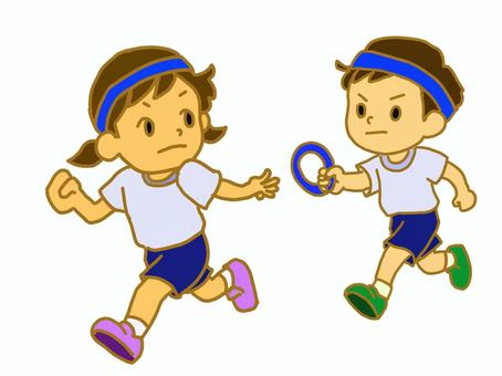 リレーでバトンを渡す子どもたち リレー,バトン,運動会,幼児,スポーツ,走る,バトンパス,青組,競争,園児のイラスト素材