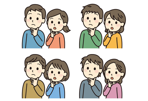 考える男女セット 考える,夫婦,困る,男性,女性,若い,不安,わからない,疑問,悩むのイラスト素材