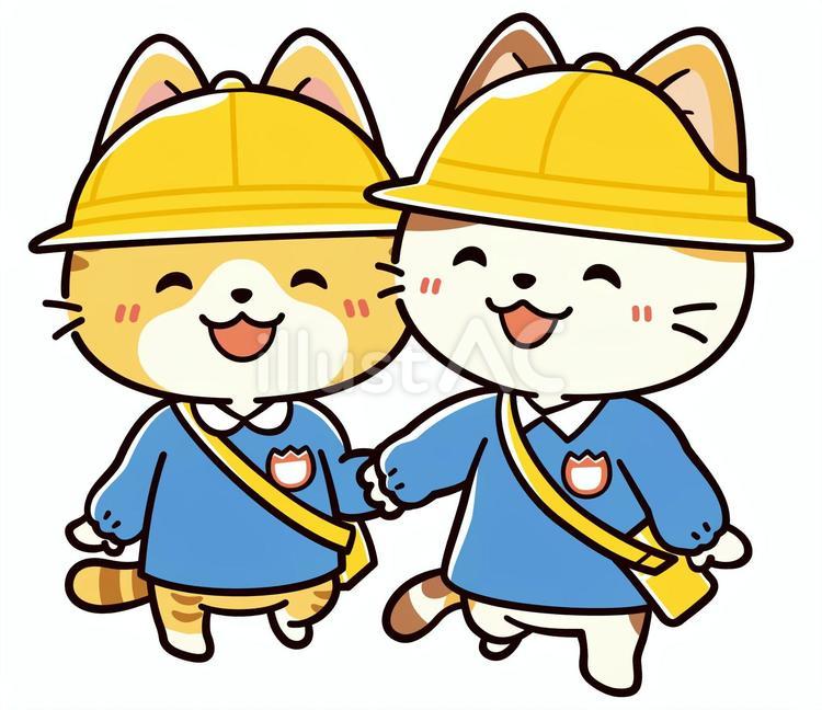 仲良く元気に通園する可愛い猫の園児たち 猫,幼稚園,保育園のイラスト素材