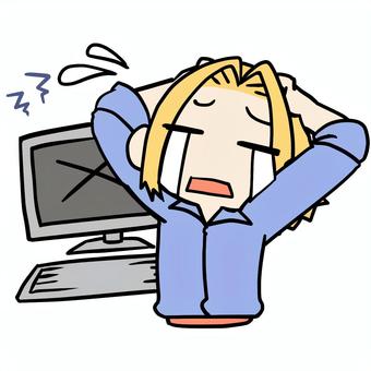 パソコンがエラーで泣く金髪女性 金髪,パソコン,エラー,泣く,焦る,デジタル,涙,不安,ミス,失敗のイラスト素材