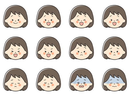 女の子のいろいろな表情アイコン01 女の子,女子,困る,不安,悩む,落ち込む,焦る,不調,悲しむ,がっかりのイラスト素材