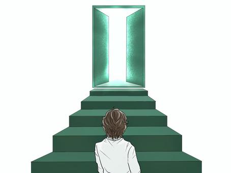 階段を上る男性 階段,登る,男性,後ろ姿,ドア,未来,輝く,輝き,光,光が差すのイラスト素材