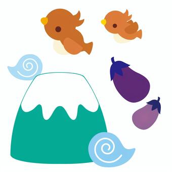 いちふじ にたか さんなすび 正月,縁起物,富士山,鷹,ワンポイント,かわいい,雲,ファンシー,年賀状,新年のイラスト素材