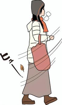 冬の歩行者 冬,風,吹く,歩行者,若い,女性,ダウン,マフラー,帽子,バッグのイラスト素材