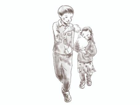 男の子と女の子が綿あめを食べるイラスト 男の子,小学生,女の子,幼児,保育園児,兄妹,シャツ,ズボン,リボン,スカートのイラスト素材