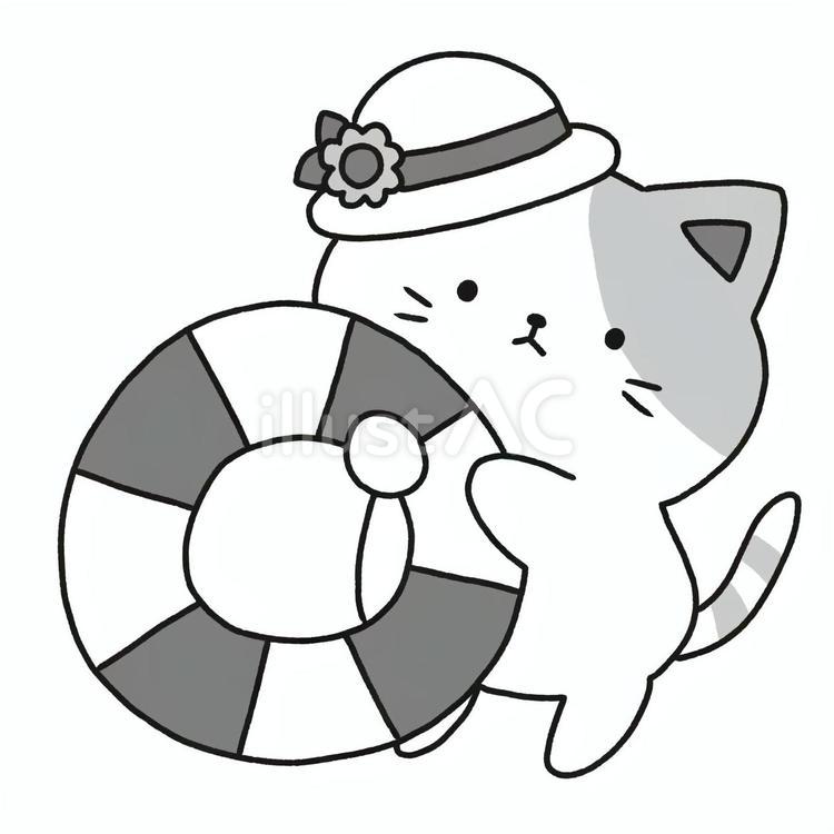 猫と浮き輪 浮き輪,猫,麦わら帽子のイラスト素材
