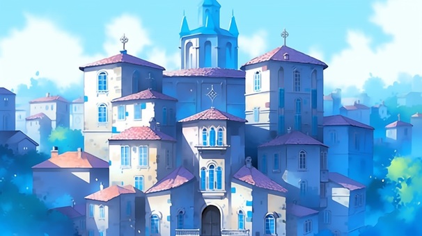 Illustration, blue, blue sky, town, 