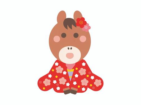 着物で挨拶する馬の女の子のイラスト 馬,午年,挨拶,着物,女の子,雌,振り袖,正月,新年,年始のイラスト素材