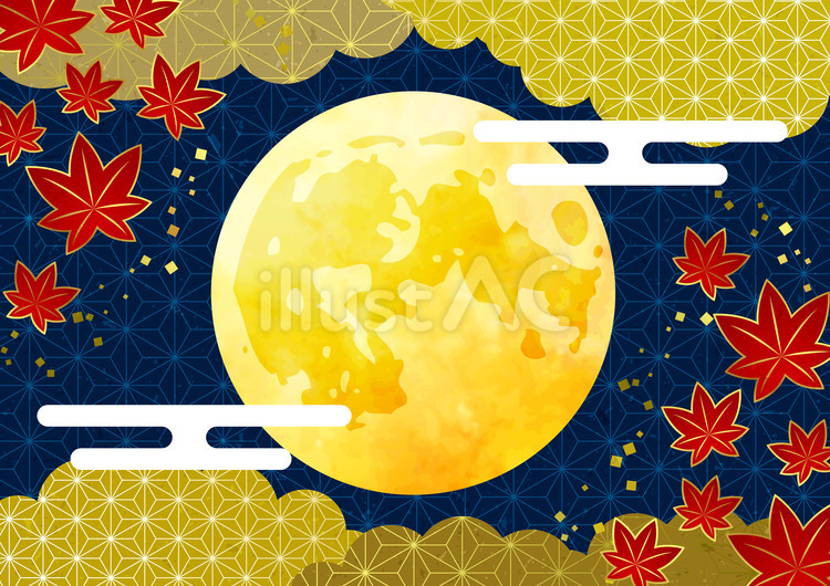 Autumn2512 満月,紅葉,雲のイラスト素材
