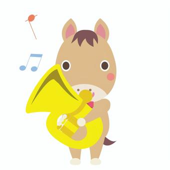 ピストンチューバを吹く午年の馬 午,馬,チューバ,テューバ,午年,金管楽器,音楽,楽器,演奏,音符のイラスト素材