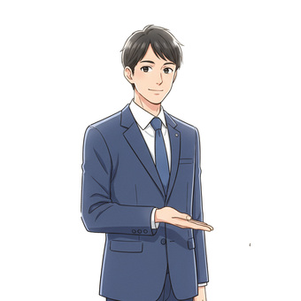 案内をする会社員の男性のアニメ風イラスト