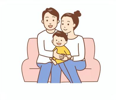 少子化　家族3人 家族,少子化,親,子供,両親,赤ちゃん,幼児,人物,ソファー,正面のイラスト素材