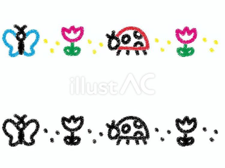 クレヨン画　虫とチューリップの飾り線 クレヨン,チューリップ,ちょうちょのイラスト素材