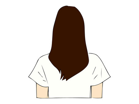 ロングヘアの女性の後ろ姿 女性,後ろ姿,ロングヘア,tシャツ,半袖,白,上半身,立ち姿,手描きのイラスト素材