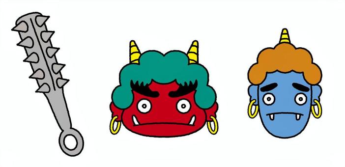 #3449赤鬼青鬼と金棒セット 節分,鬼,赤鬼,青鬼,金棒,オニ,豆まき,豆まきセット,節分イラスト,豆まきイラストのイラスト素材