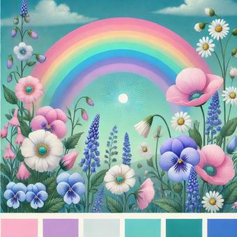 Rainbow and flowers in the blue sky, blue sky, rainbow, flower, JPG