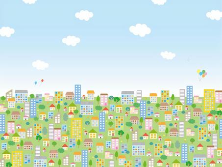 都会 都会,街,家,背景,街並み,小さい家,かわいい,ビル,木,雲のイラスト素材