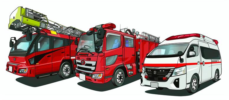 はしご車とブーム付消防ポンプ車と救急車 消防署,消防車,ハシゴ付,消防自動車,ブーム付,ポンプ車,救急車,人命救助,緊急車両,イラストのイラスト素材