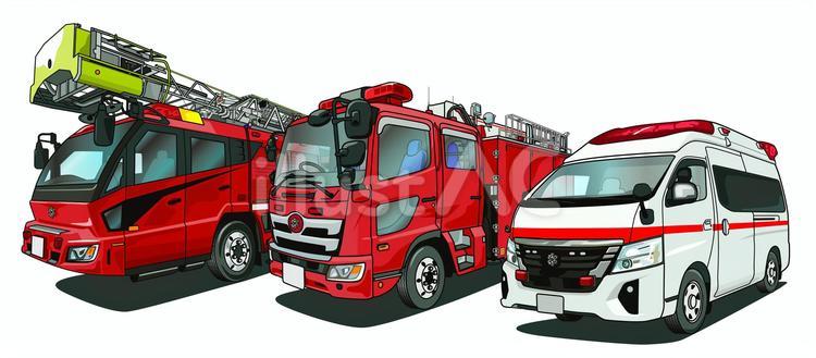 はしご車とブーム付消防ポンプ車と救急車 消防,消防署,はしご車のイラスト素材