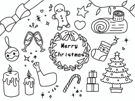 手描きクリスマスモチーフ　白黒 クリスマス,白黒,手描き,線画,装飾,ぬり絵,リボン,ジンジャーマン,クッキー,ハートのイラスト素材