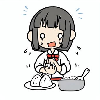 おにぎりを握る焦る少女 小学生,おにぎり,握る,焦る,やばい,慌てる,苦手,おむすび,家事,お弁当のイラスト素材